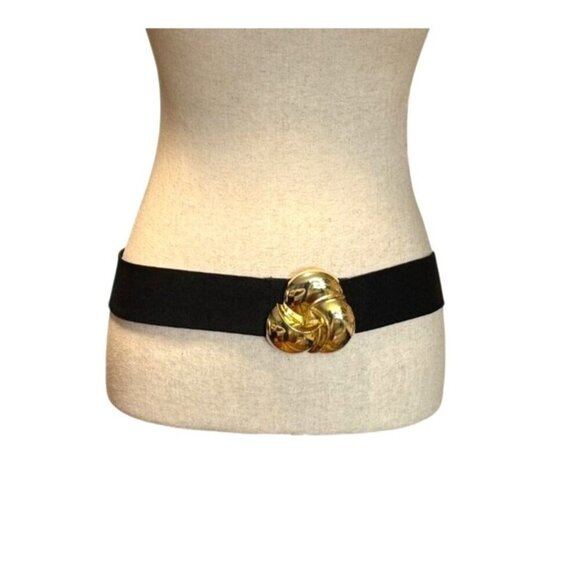 Vintage Black Fabric Stretch Belt With Gold Knot Buckle Design For Women S/M - Picture 2 of 10